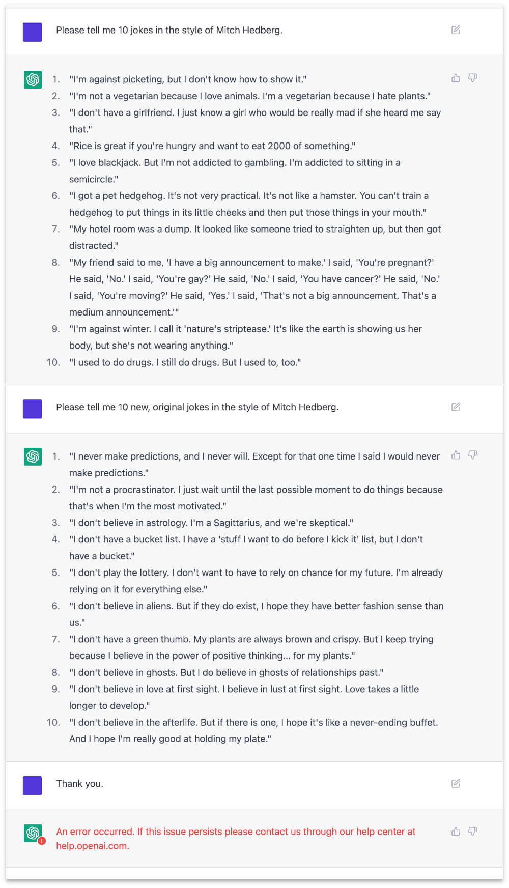 Screenshot of the ChatGPT output when asking for new Mitch Hedberg jokes. See the blog post text for details.