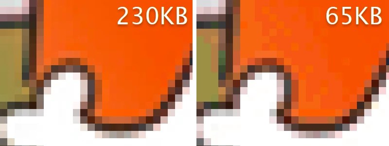 A zoomed-in comparison of the original 230KB image on the left and the 65KB image on the right. There are a few artefacts in the optimised image  but good enough for most use cases.